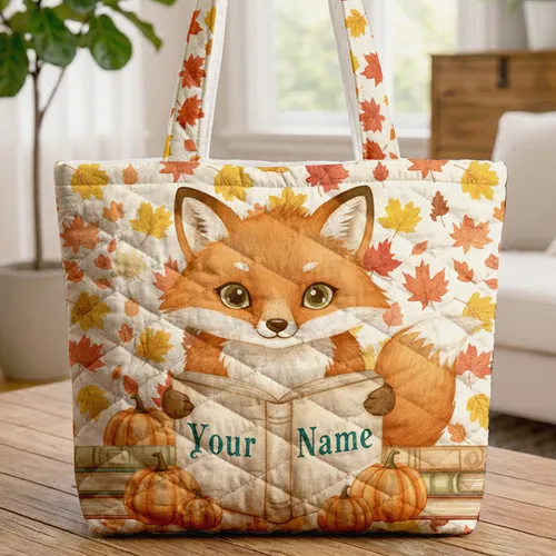 Fox with Maple Sycamore Leaves Vintage Books Pumpkins - Fall Season Decor Quilted Tote Bag