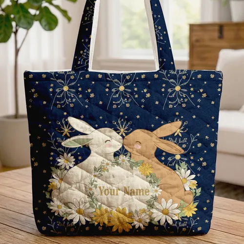 Nuzzling Bunnies Daisies Floral Wreath Stars - Everyday Use Home Decor Gift for Her Quilted Tote Bag