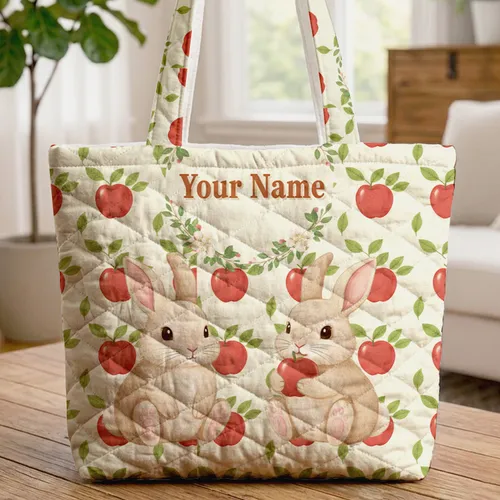 Fluffy Bunnies Apple Blossom Wreath Your Name - Bunny Lover Gift Quilted Tote Bag