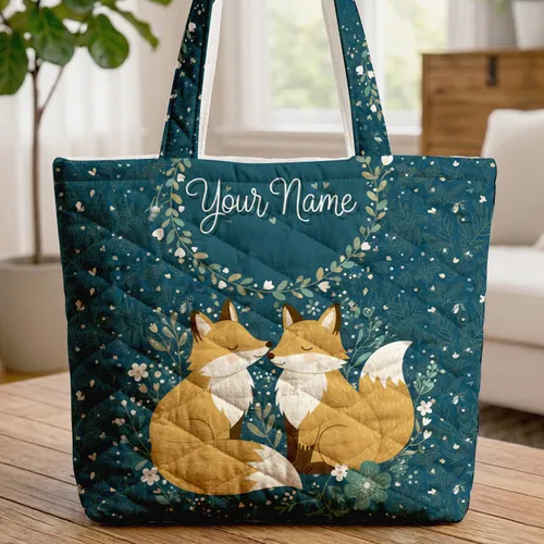 Nuzzling Foxes Fireflies Pine Needles Wreath - Wildlife Lover Home Decor Gift Quilted Tote Bag