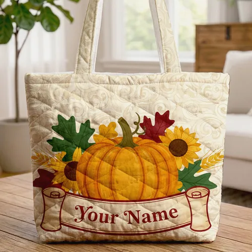 Autumn Harvest Pumpkin Fall Leaves Sunflower Wheat - Autumn Lover Gift Quilted Tote Bag