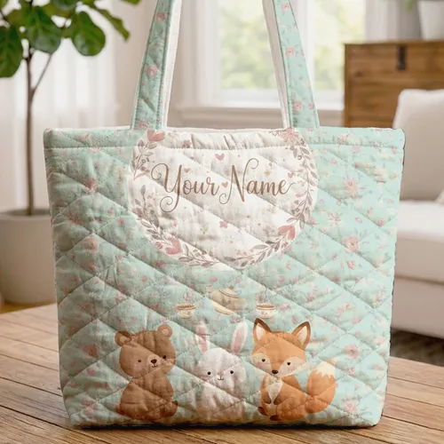 Baby Bear Bunny Fox Cub Tea Party Personalized Name Floral Wreath Everyday Tote Quilted Tote Bag