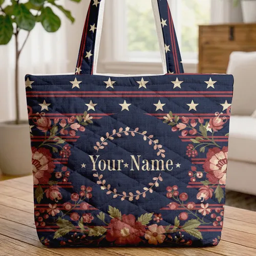 Personalized Folk Floral Star Stripes - American Heritage Everyday Gift Quilted Tote Bag