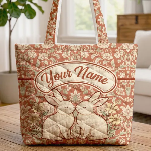 Bunnies Wildflowers Personalized Name - Wildlife Lover Gift Quilted Tote Bag