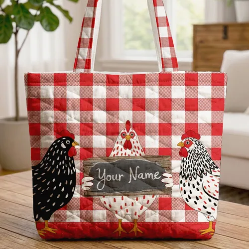 Black & White Speckled Polka Dot Chickens Rustic Sign - Farmhouse Decor Gift Quilted Tote Bag