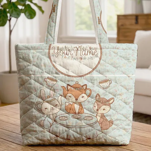 Wildflower Teapot Tea Party Name Hoop - Tea Lover Gift Quilted Tote Bag