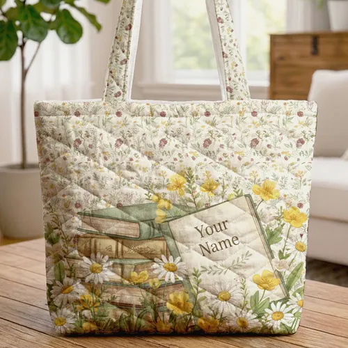 Personalized Vintage Books Wildflowers - Everyday Tote for Book Lovers Quilted Tote Bag