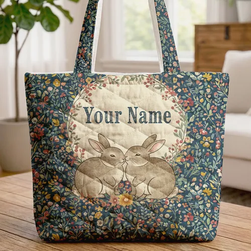 Vintage Storybook Bunnies Wildflower Wreath Personalized - Everyday Gift for Nature Lover Quilted Tote Bag