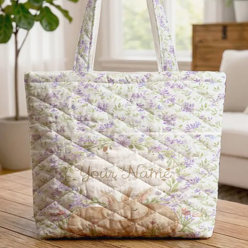 Bunnies Nuzzling Wildflowers Floral Wreath Personalized Name - Nature Lover Gift for Her Quilted Tote Bag