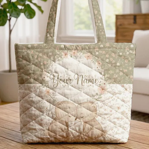 Baby Bears Nuzzling Wildflower Wreath - Nature Lover Gift for Kids Quilted Tote Bag