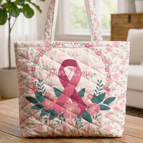 Breast Cancer Ribbon Wild Rose Blossoms Floral Wreath Personalized Name - Awareness Gift Quilted Tote Bag