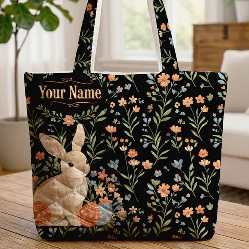 Personalized Rabbit Easter Eggs Your Name Floral - Easter Gift Quilted Tote Bag