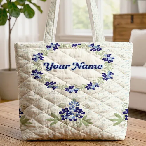 Bluebonnet Flower Clusters Wreath - Everyday Tote Floral Lover Gift Quilted Tote Bag
