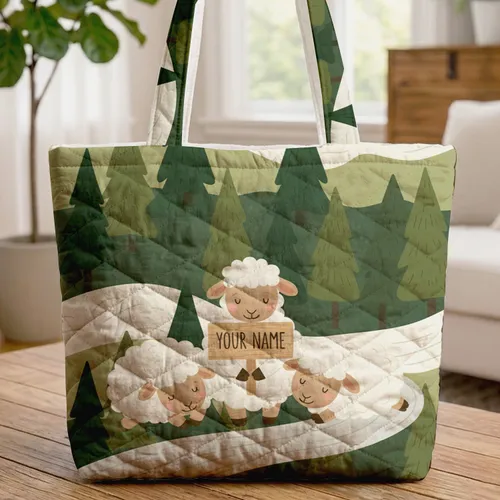 Personalized Three Sheep River Path Pine Tree Scene - Everyday Use Gift for Children Quilted Tote Bag