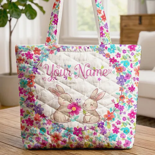 Bunnies Flowers Leaves Butterflies Wreath Name - Keepsake Gift Quilted Tote Bag