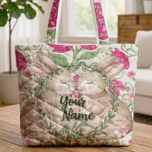 Nuzzling Bunnies Wildflowers Fuchsia Flowers - Everyday Gift for Nature Lover Quilted Tote Bag