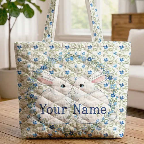 Nuzzling Bunnies Floral Wreath Your Name - Everyday Tote Gift Quilted Tote Bag
