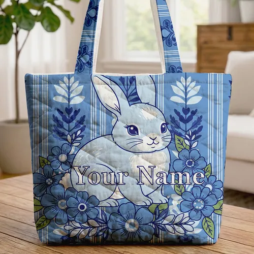 Bunny Floral Wreath Vertical Stripe Personalized Home Decor Nature Lover Gift Quilted Tote Bag