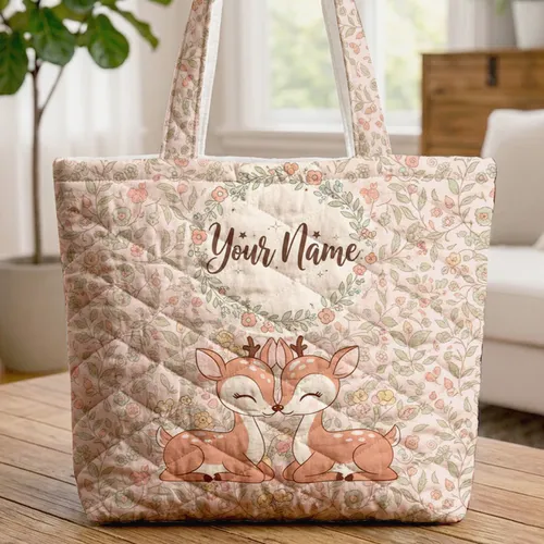 Two Fawns Nuzzling Wildflower Indian Floral Wreath - Home Decor Gift for Fawn Lover Quilted Tote Bag