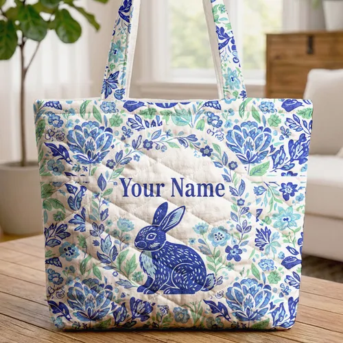 Bunny Wildflower Peony Personalized Name Floral Wreath Everyday Tote Gift Quilted Tote Bag