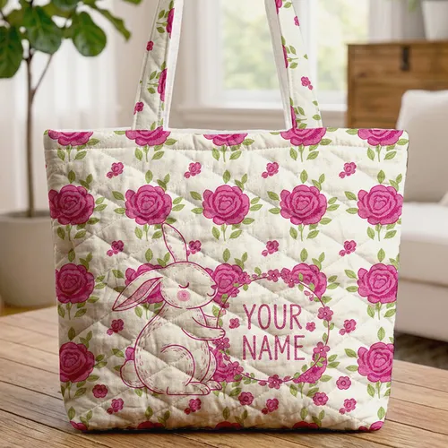 Bunny Fuchsia Roses Small Flowers Floral Wreath Personalized Keepsake Gift for Kids Quilted Tote Bag
