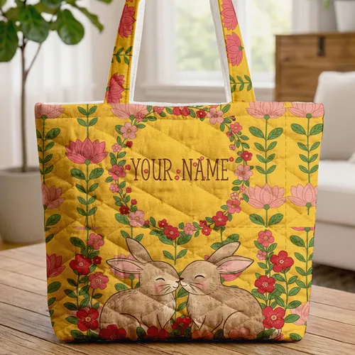 Bunnies Lotus Flowers Floral Wreath - Everyday Essentials - Bunny Lover Gift Quilted Tote Bag