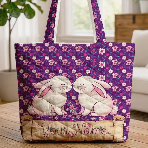 Nuzzling Bunnies Pink Flowers Personalized - Spring Everyday Tote Gift Quilted Tote Bag