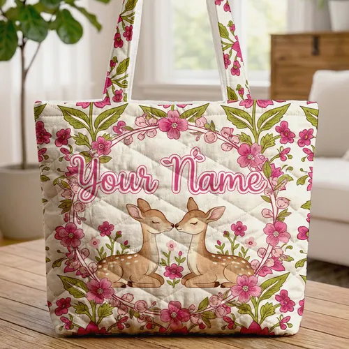 Personalized Nuzzling Fawns Floral Wreath Wildflowers - Nature Lover Everyday Gift Quilted Tote Bag