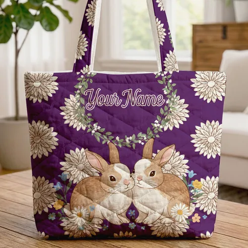 Nuzzling Rabbits Wildflower Chrysanthemum - Everyday Tote for Rabbit Lover Quilted Tote Bag