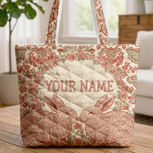 Bunnies Wildflower Floral Wreath Botanical - Everyday Tote Gift Quilted Tote Bag