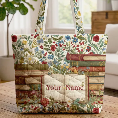 Antique Vintage Book Stacks Wildflowers Scene - Book Lover Everyday Tote Gift Quilted Tote Bag