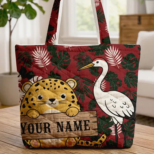Jungle Leopard Cub Crane Palm Leaves Personalized Sign - Wildlife Lover Gift Quilted Tote Bag