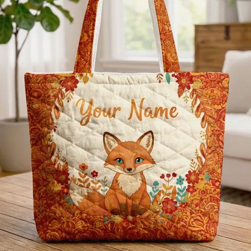 Fox Cub Wildflower Tribal Foliage Wreath - Wildlife Lover Gift Quilted Tote Bag