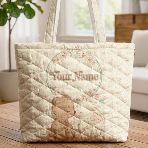 Nuzzling Bear Bunny Floral Wreath Polka Dot Everyday Lifestyle Gift Quilted Tote Bag