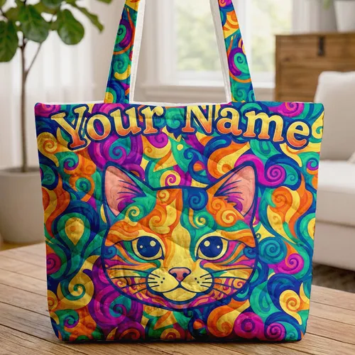Cat Face Interwoven Spirals Fluid Color Blocks - Cat Lover Everyday Lifestyle Gift Quilted Tote Bag