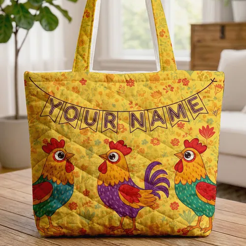 Multi-patterned Roosters Wildflower 'Your Name' Farmhouse Decor Everyday Gift Quilted Tote Bag