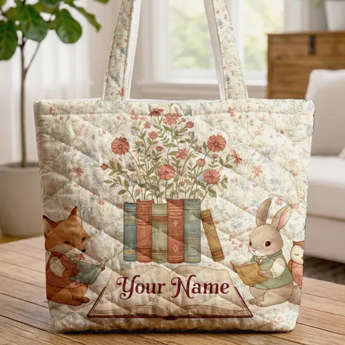 Vintage Books Wildflowers Literary Garden - Personalized Book Lover Gift Quilted Tote Bag