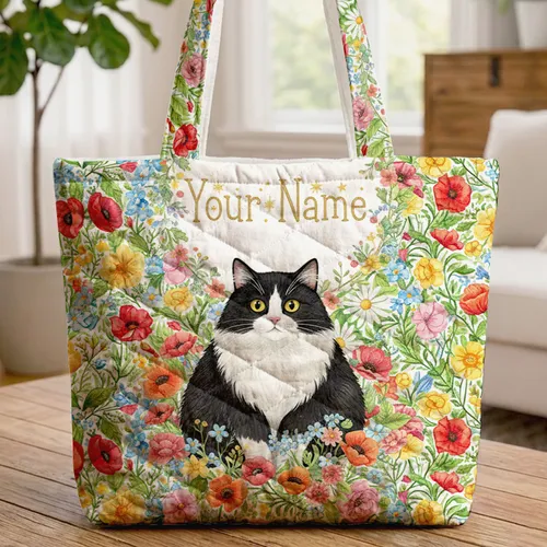 Fluffy Black and White Cat Wildflower Garden Floral Wreath Your Name - Cat Lover Gift Quilted Tote Bag