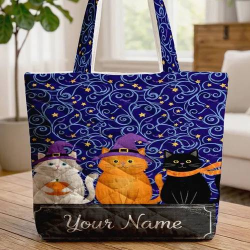 Three Halloween Cats Night Sky Personalized Name - Spooky Season Gift for Cat Lover Quilted Tote Bag