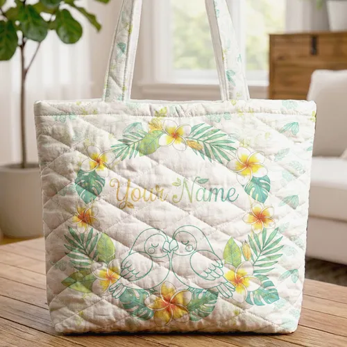 Tropical Birds Nuzzling Plumeria Floral Wreath - Nature Lover Gift Quilted Tote Bag