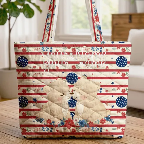 Nuzzling Bear Cubs Wildflower Stars - Patriotic Home Decor Gift for Wildlife Lover Quilted Tote Bag