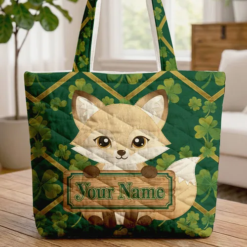Emerald Green Fox Kit Golden Lattice Shamrock Clusters Wooden Sign - Wildlife Lover Gift Quilted Tote Bag