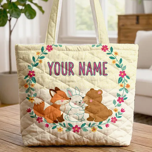Woodland Fox Bunny Bear Wildflower Name Wreath - Everyday Tote Friend Gift Quilted Tote Bag