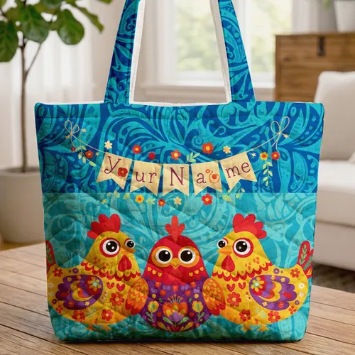 Three Chickens Floral Bunting - Farmhouse Home Decor Chicken Lover Gift Quilted Tote Bag