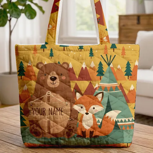 Mountain Peak Bear Fox Teepee Your Name Wildlife Gift Quilted Tote Bag