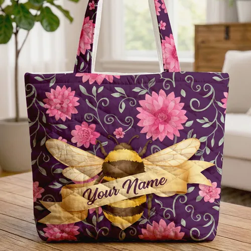 Bumblebee Dahlia Chrysanthemum Ribbon Floral - Everyday Tote for Nature Lover Quilted Tote Bag