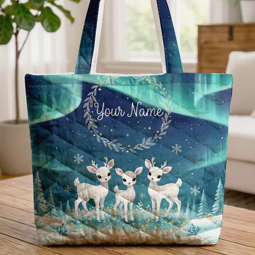 Aurora Borealis Winter Forest White Deer Wreath Name - Wildlife Lover Gift Quilted Tote Bag