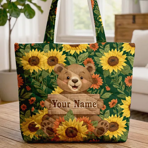 Happy Brown Bear Cub Golden Sunflowers Dahlia Rustic Sign - Nature Lover Home Decor Gift Quilted Tote Bag