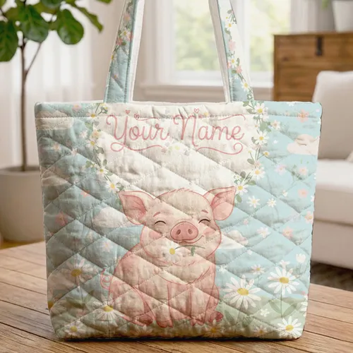 Piglet Daisy Field Floral Wreath Wildflower Clouds - Everyday Tote Gift Quilted Tote Bag