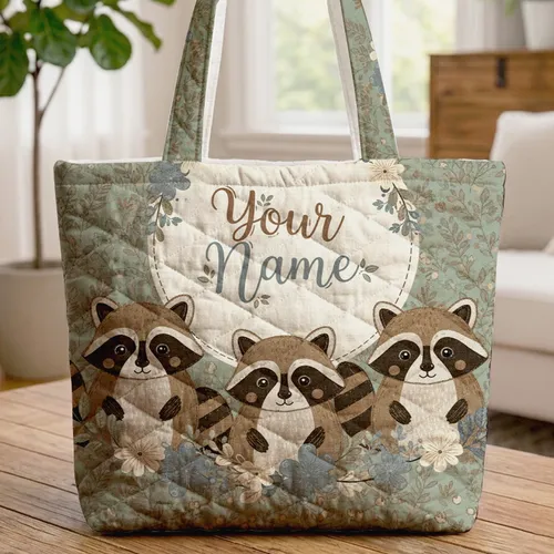 Three Raccoons Floral Name Wreath Forest Leaves Berries - Wildlife Lover Tote Gift Quilted Tote Bag